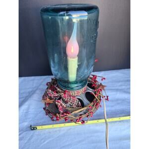 Rustic Blue Canning Jar Lamp with Cord & Seasonal Base Decoration